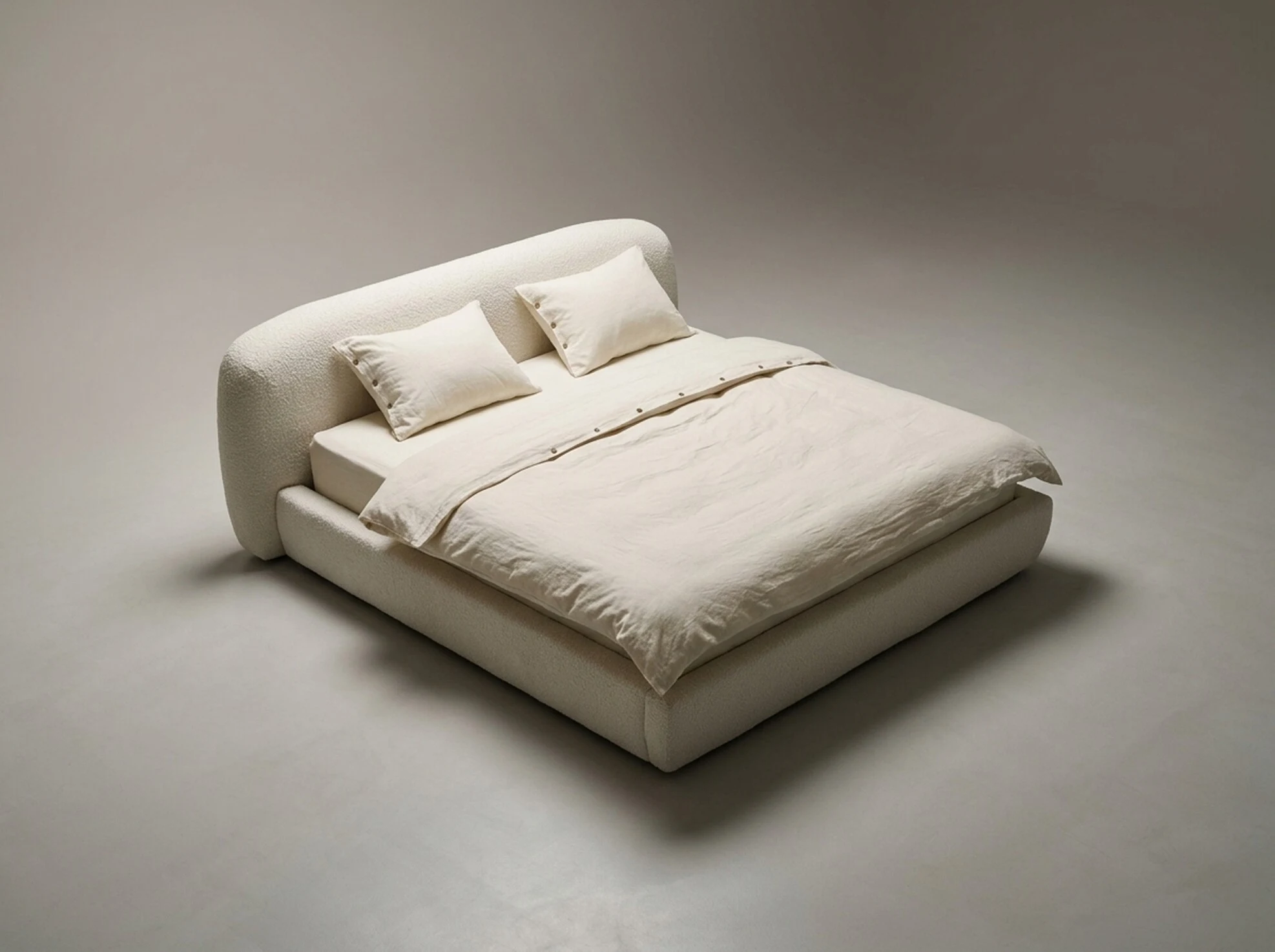Channelled velvet platform bed in deep grey, studio render