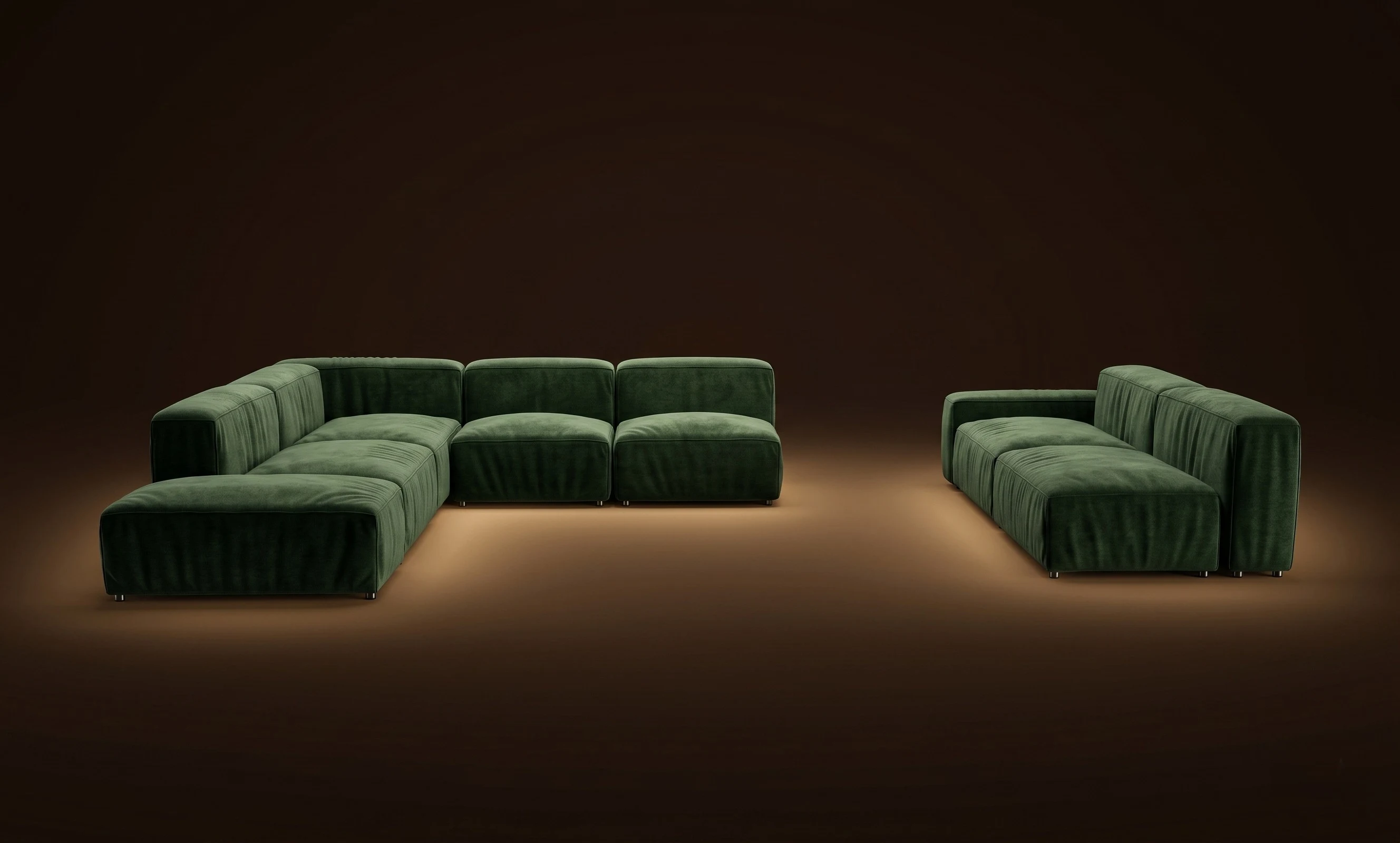 A green Mille sectional and an opposing pair, in a dark studio