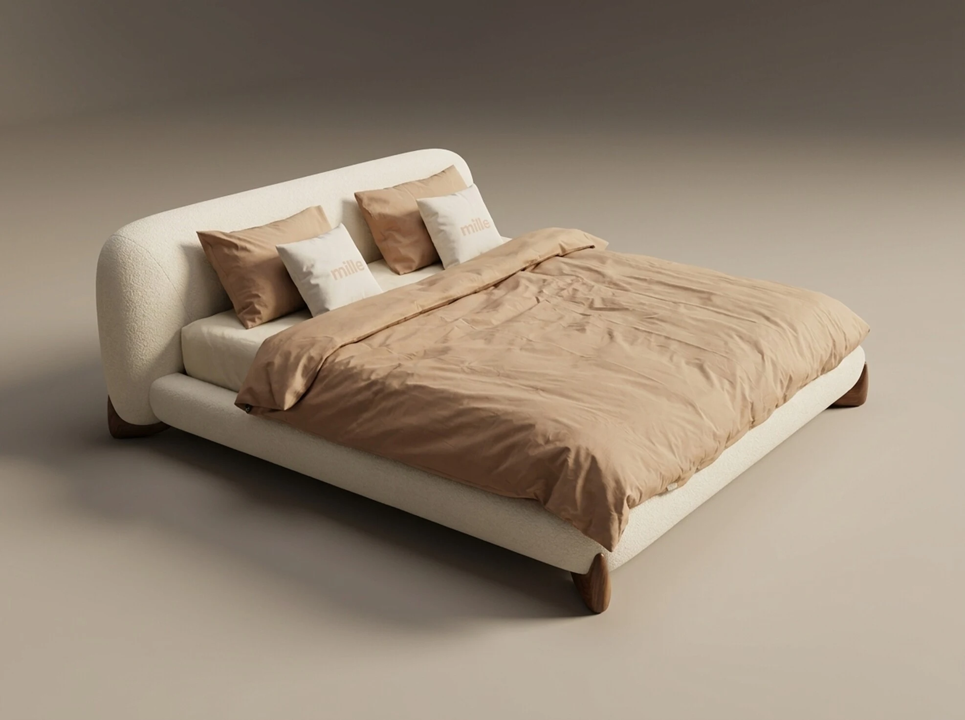 Low-profile slouchy bed in cream weave, studio render