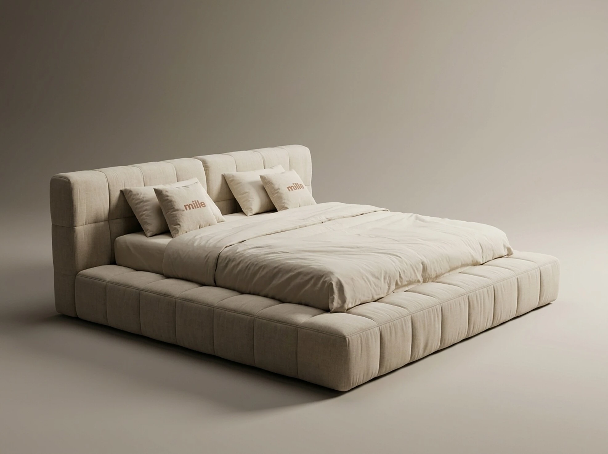 Arched dome bed in sand Belgian boucle, studio render