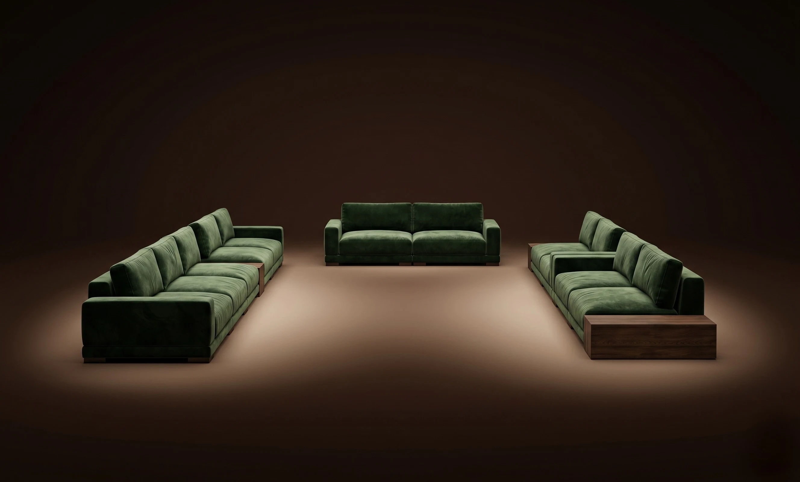 A green Mille trio centred on a wooden tray, in a dark studio