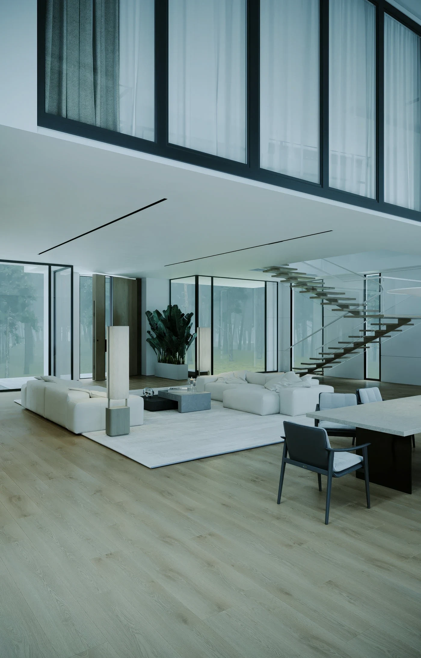 Cream Nami inside a glass-walled modern house with a planter and stair