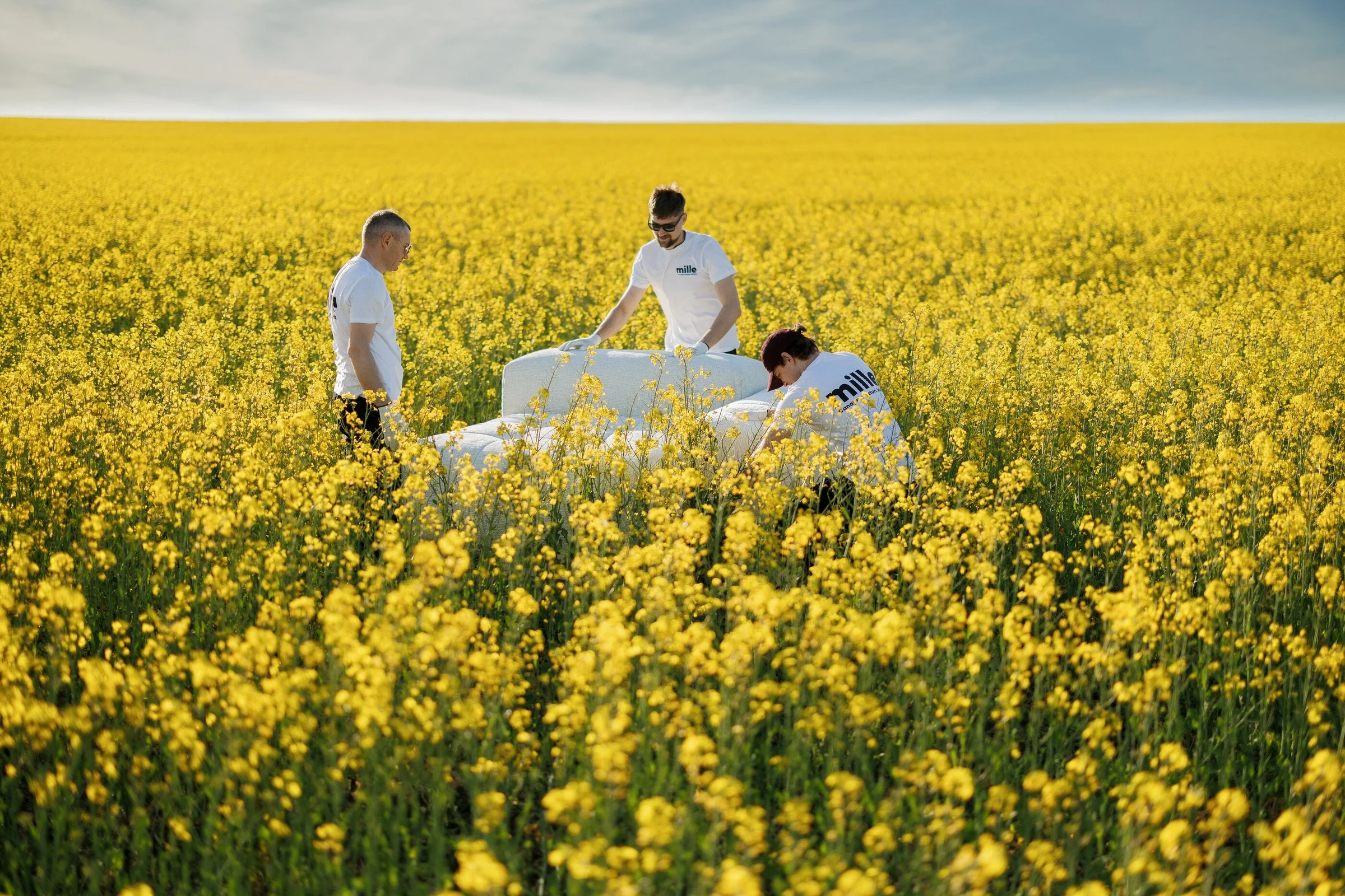 Three crew members carrying and arranging the cream Nami sectional in a yellow canola field