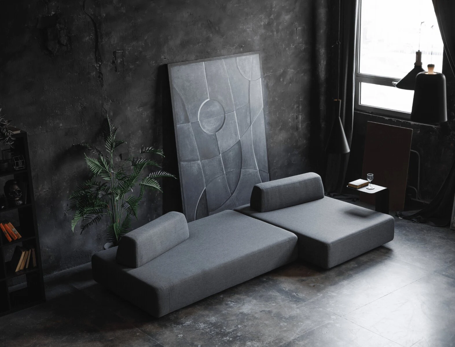 Charcoal Deseda with a leaning circular-motif art panel and a tall potted palm