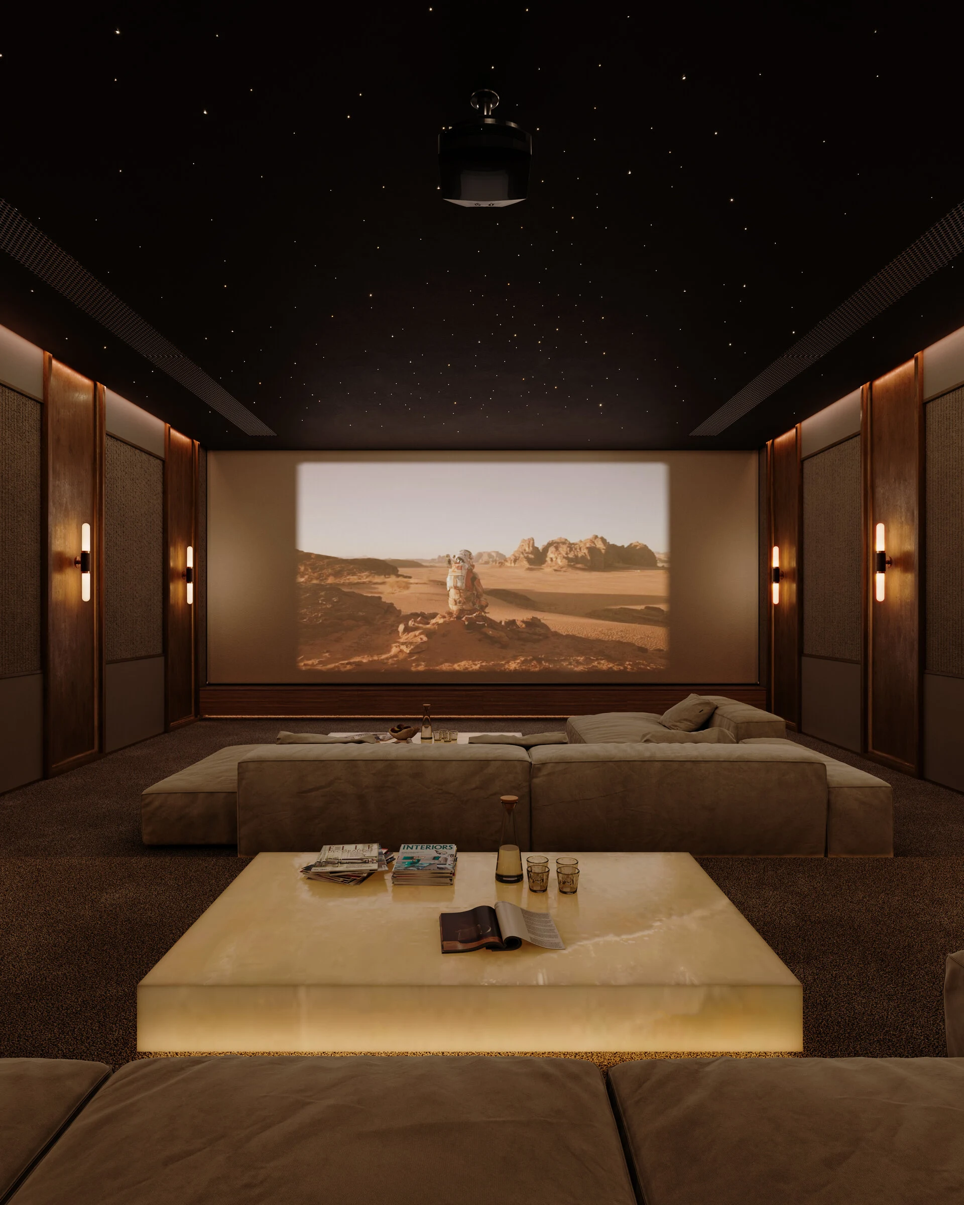Greige Milano facing a projector screen in a home cinema with warm sconces and an onyx coffee table