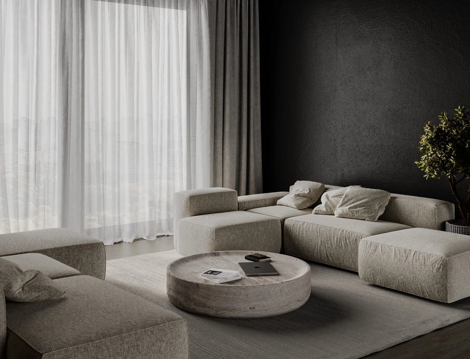 Cream Milano sectional in a dark-walled apartment with sheer curtains and a travertine coffee table