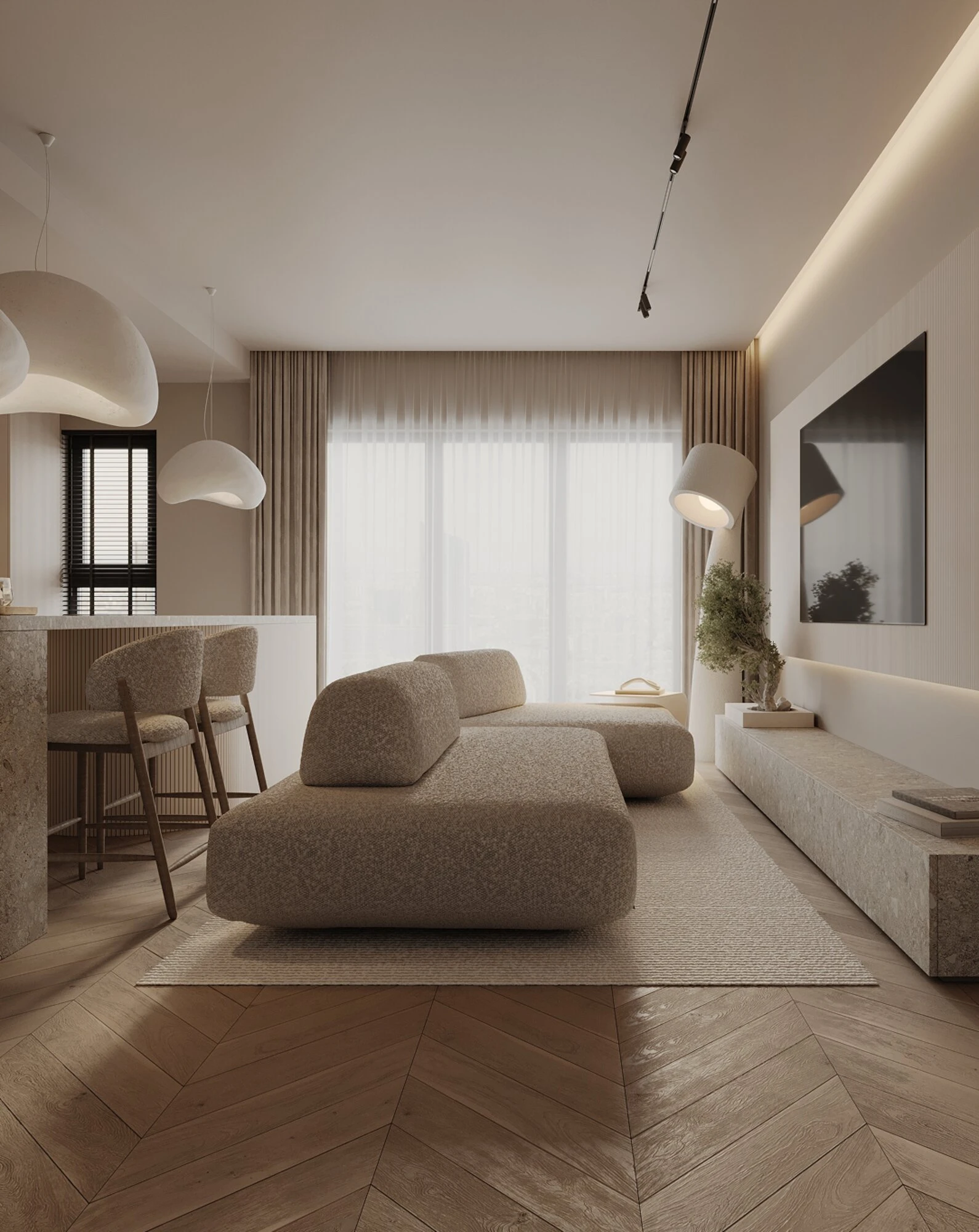 Cream Deseda render in an apartment with oak chevron floor and warm pendant lights