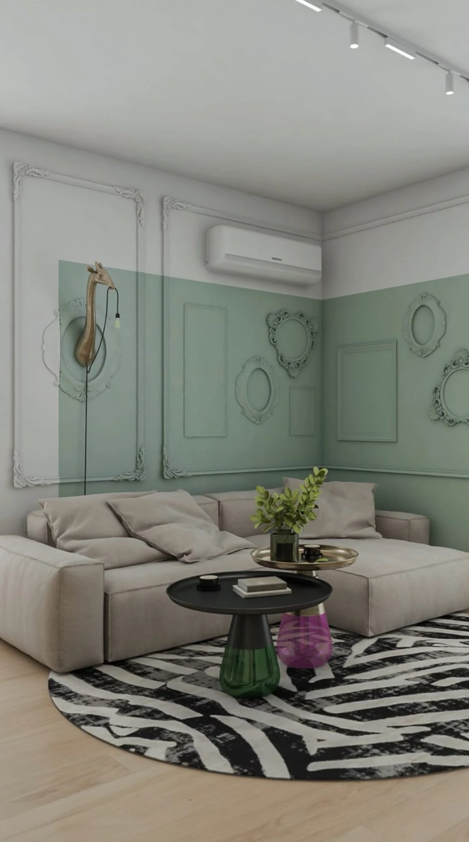 Cream Milano in a styled room with green wainscoting and a zebra-print round rug