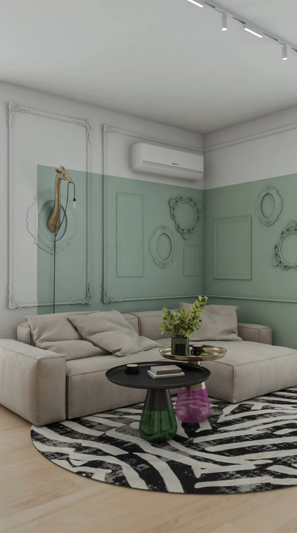 Cream Milano in a styled room with green wainscoting and a zebra-print round rug