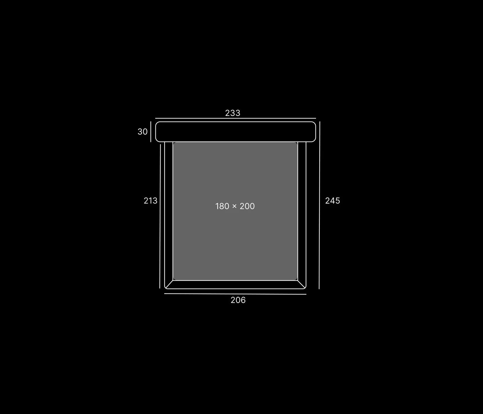 Top-down dimensions diagram showing the Fresco at 233 by 245 centimetres outer footprint around a 180 by 200 centimetre mattress, headboard 30 cm deep