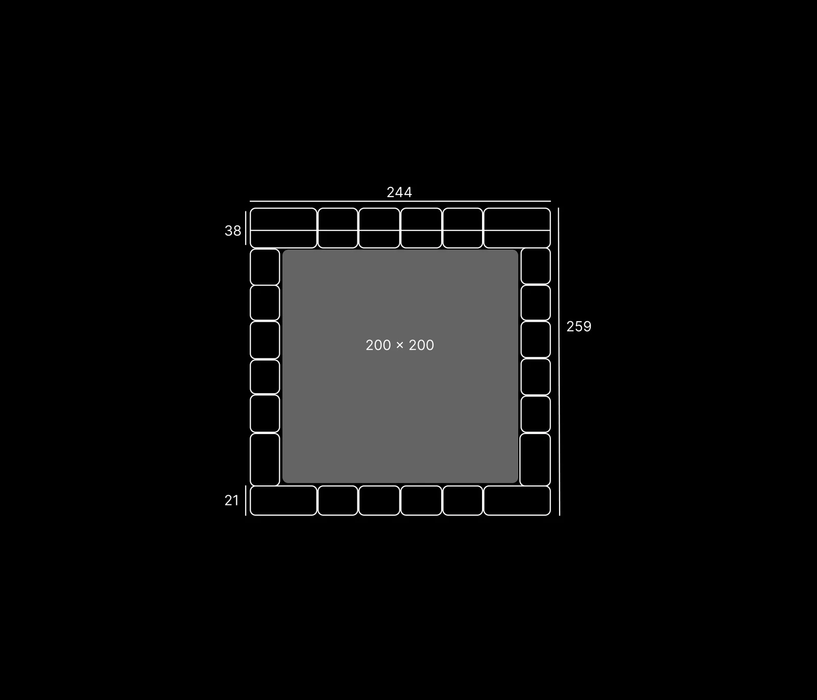 Top-down dimensions diagram showing the Nao at 244 by 259 centimetres outer footprint around a 200 by 200 centimetre mattress