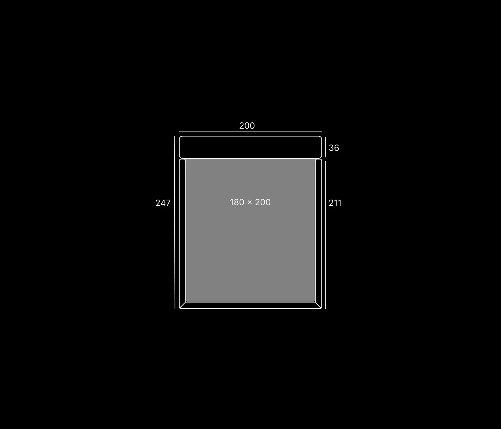 Top-down dimensions diagram showing the Marmaris at 247 by 200 centimetres outer footprint around a 180 by 200 centimetre mattress, headboard 36 cm deep