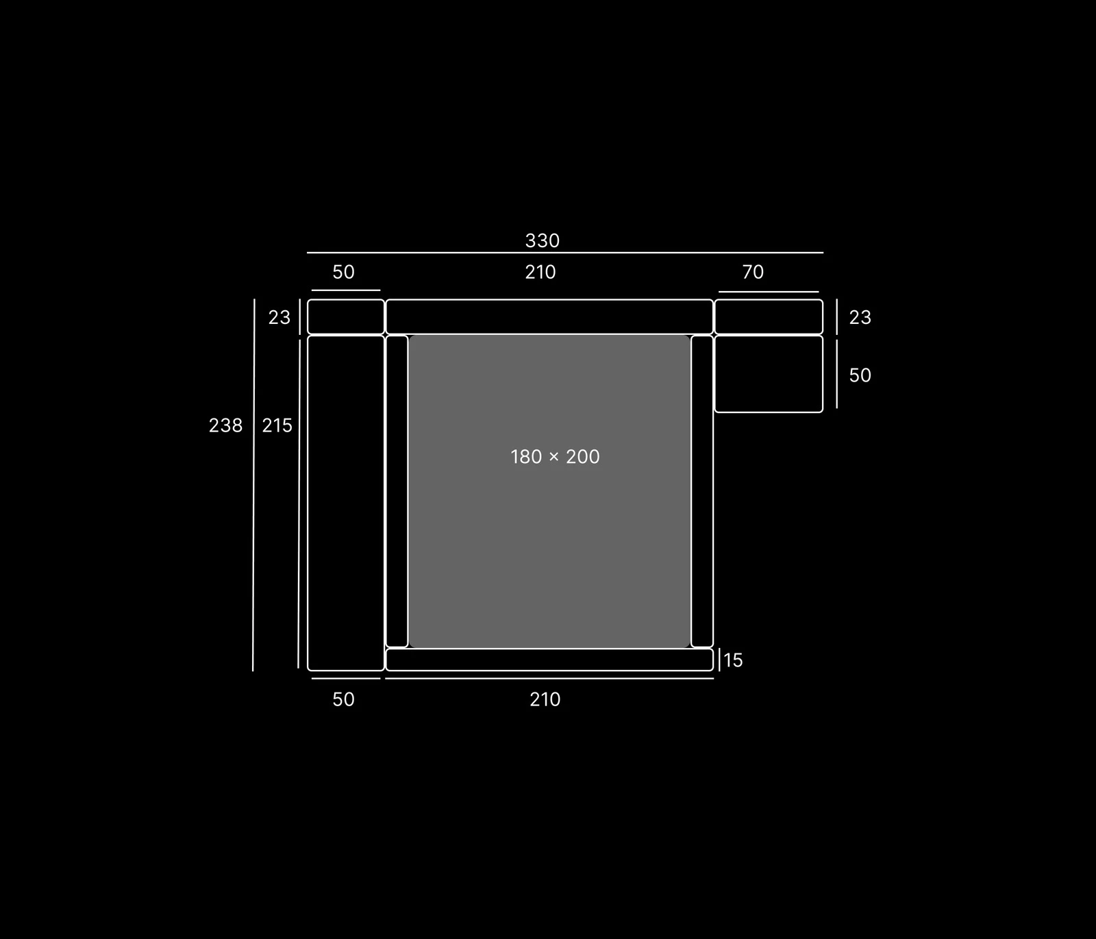 Top-down dimensions diagram showing the Connect full configuration at 330 by 238 centimetres outer footprint around a 180 by 200 centimetre mattress, with bench extensions split 50 plus 210 plus 70 centimetres