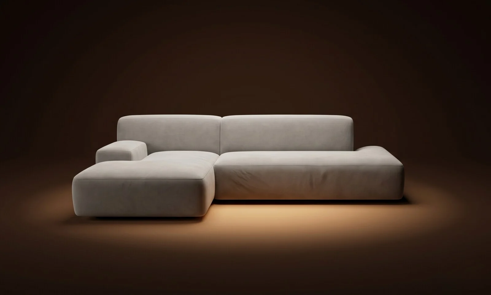 Cream Kingston in a long chaise configuration with an oak coffee table