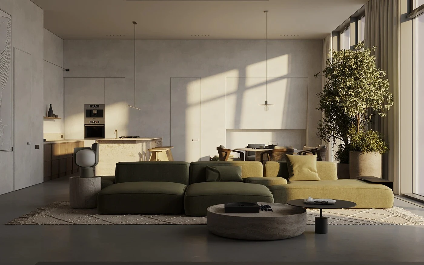 Olive Kingston in an open-plan modern home with kitchen and tall windows