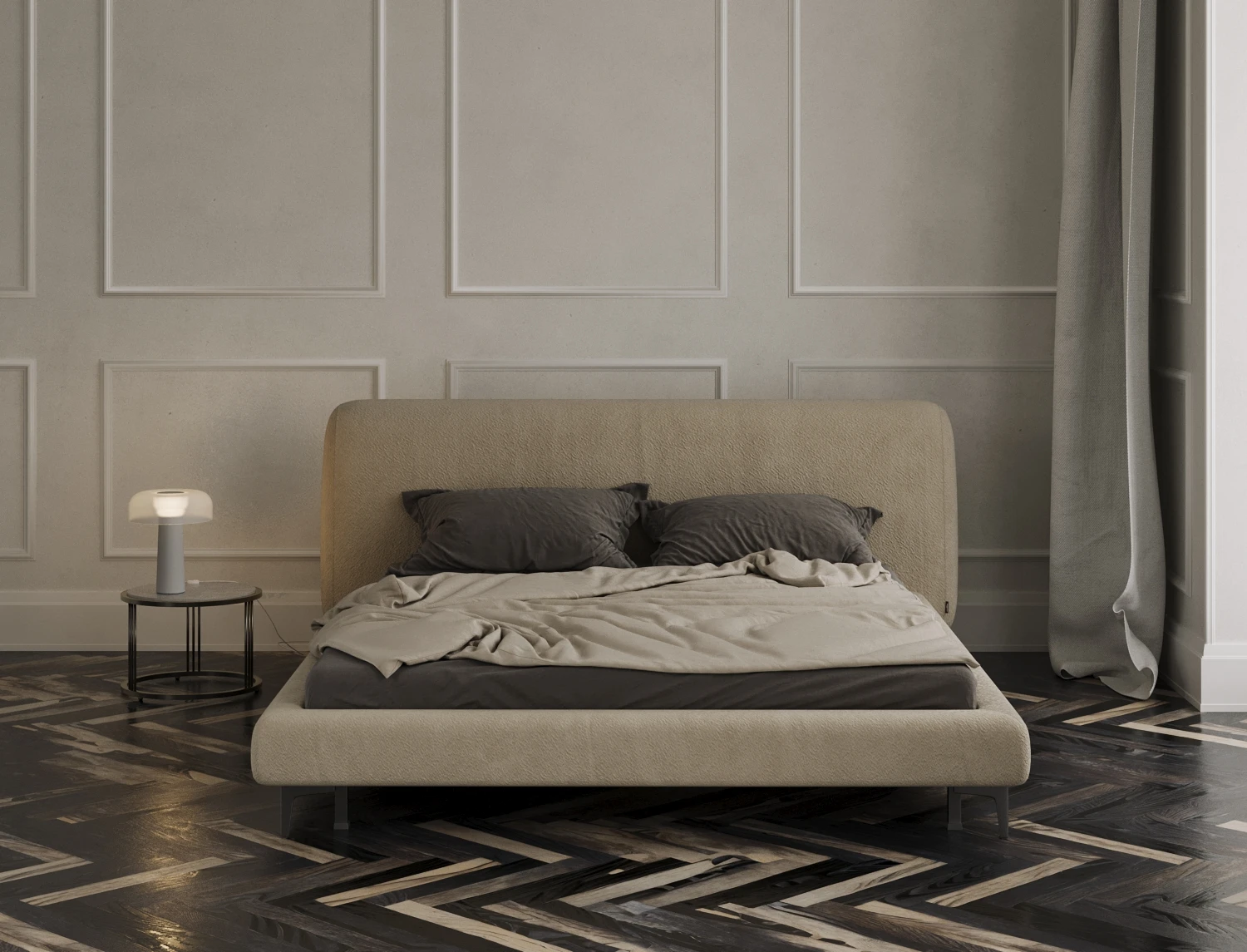 Sand Fresco bed centered in a classical wainscot bedroom with herringbone parquet, a glass table lamp and grey curtains