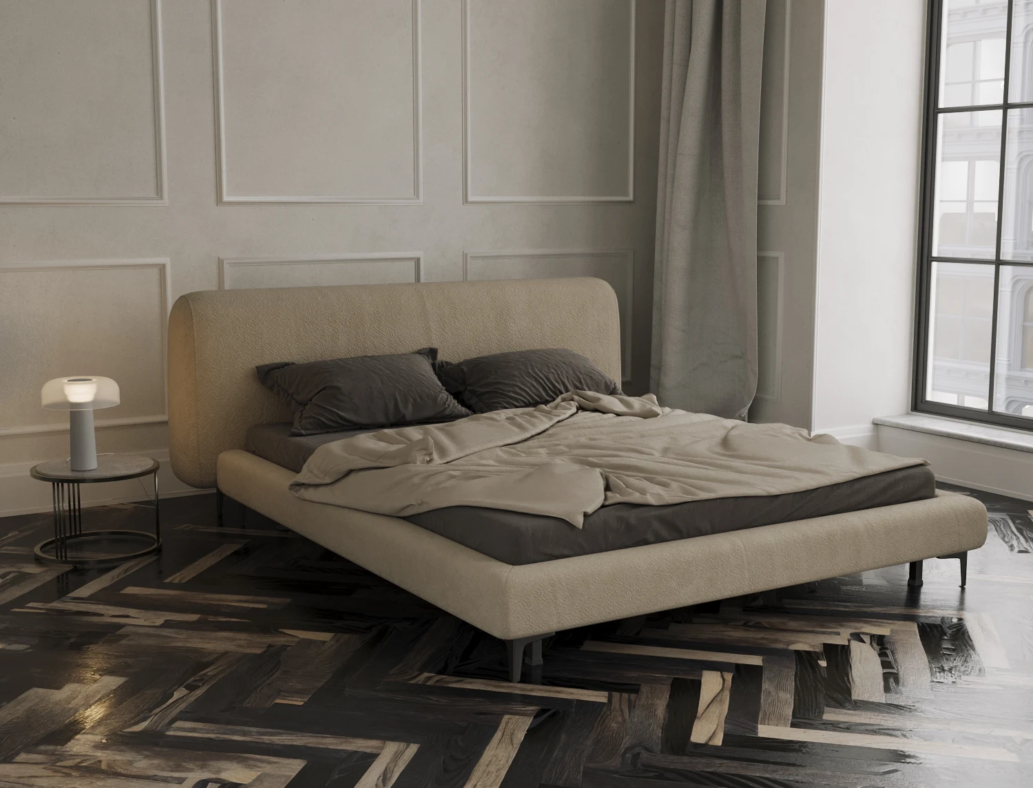 Sand boucle Fresco bed seen at three-quarter angle in the wainscot bedroom, showing the arched headboard end profile and dark conical legs